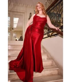Cinderella Divine Plus Size Red Sequin Applique & Ruched Satin Evening Gown