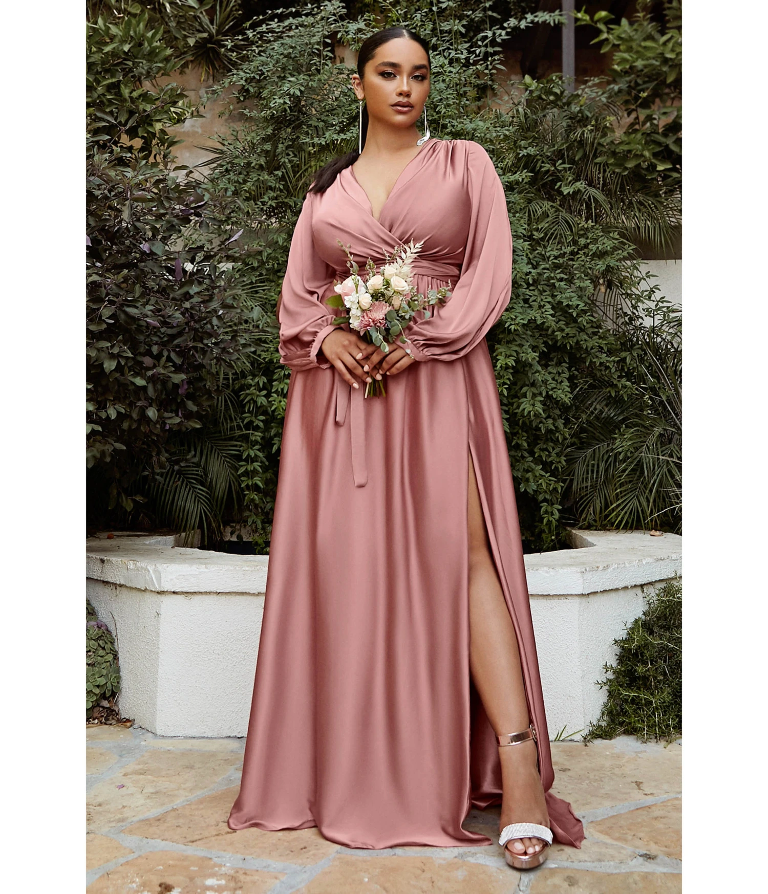 Cinderella Divine Plus Size Rose Gold Satin Blouson Sleeve Evening Gown 1 Cinderella Divine Plus Size Rose Gold Satin Blouson Sleeve Evening Gown