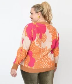 Plus Size Rust Orange & Fuchsia Floral Knit Sweater -Pleaser Clothing Store plus size rust orange fuchsia floral knit sweater 123255