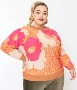Plus Size Rust Orange & Fuchsia Floral Knit Sweater