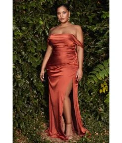 Cinderella Divine Plus Size Sienna Satin Draped Off The Shoulder Bridesmaid Dress