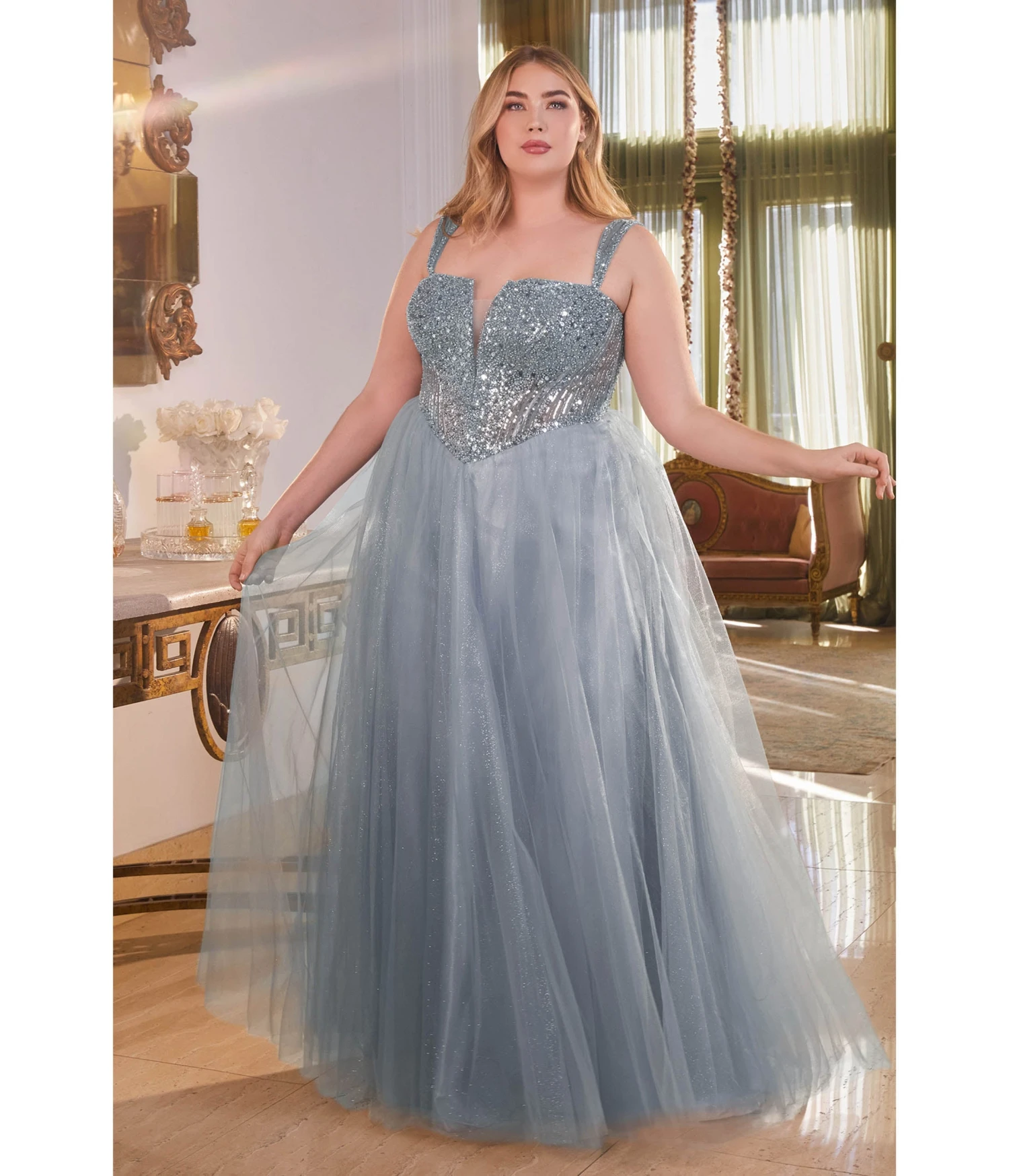 Cinderella Divine Plus Size Smoky Blue Glitter Bodice & Tulle Prom Ball Gown 1 Cinderella Divine Plus Size Smoky Blue Glitter Bodice & Tulle Prom Ball Gown