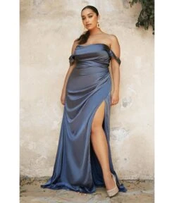 Cinderella Divine Plus Size Smoky Blue Satin Draped Off The Shoulder Bridesmaid Dress