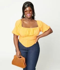 Plus Size Tangerine Faux Corset Puff Sleeve Crop Top -Pleaser Clothing Store plus size tangerine faux corset puff sleeve crop top 211051