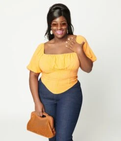 Plus Size Tangerine Faux Corset Puff Sleeve Crop Top -Pleaser Clothing Store plus size tangerine faux corset puff sleeve crop top 918357