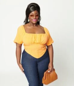 Plus Size Tangerine Faux Corset Puff Sleeve Crop Top -Pleaser Clothing Store plus size tangerine faux corset puff sleeve crop top 957187