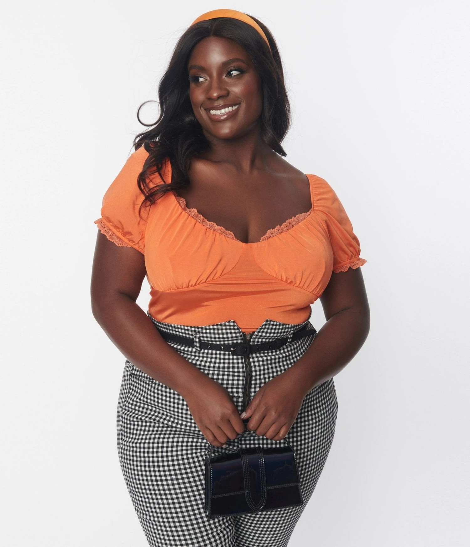 Plus Size Tangerine Lace Trim Puff Sleeve Blouse 1 Plus Size Tangerine Lace Trim Puff Sleeve Blouse