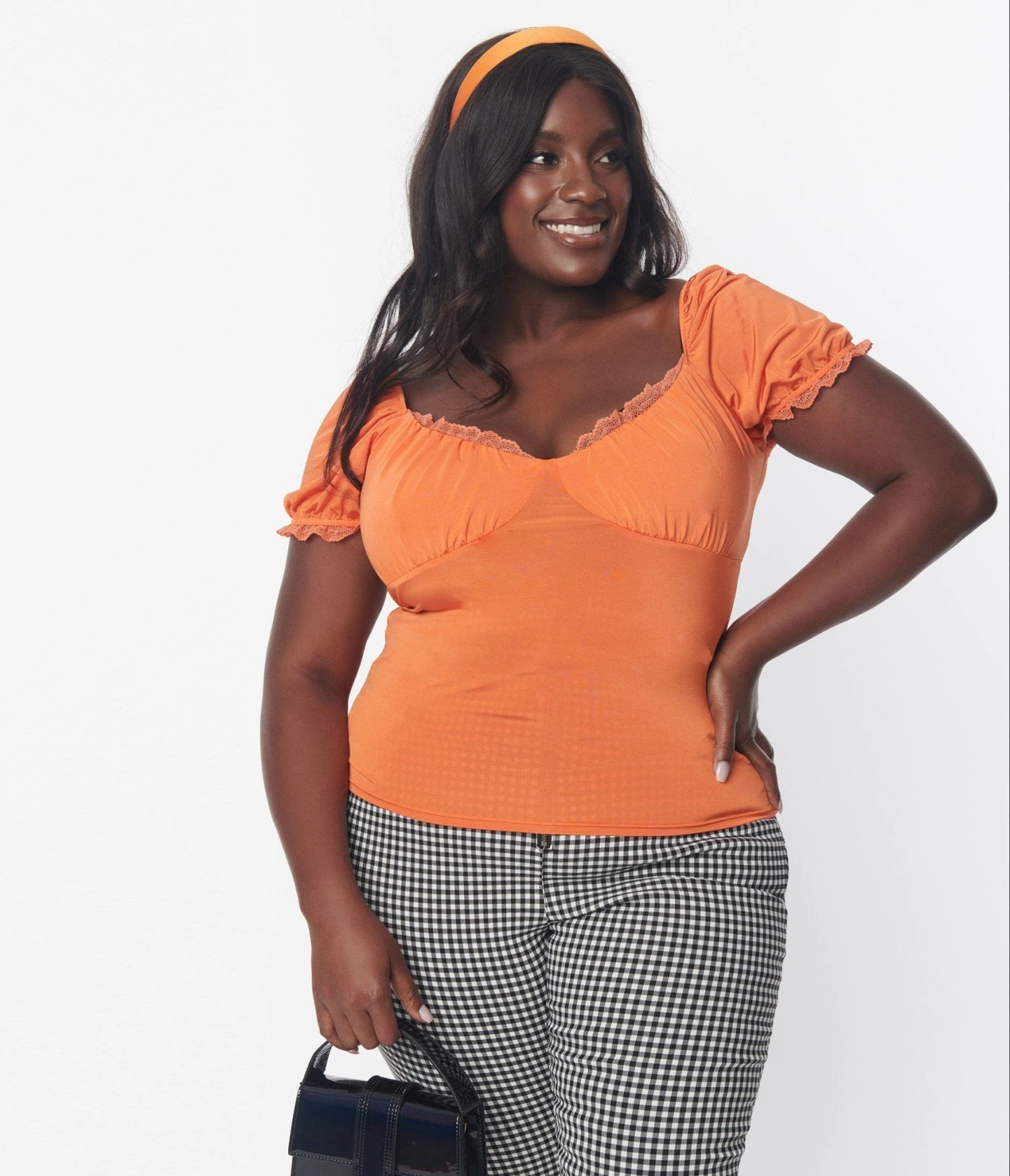 Plus Size Tangerine Lace Trim Puff Sleeve Blouse 3 Plus Size Tangerine Lace Trim Puff Sleeve Blouse - Image 3