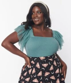 Plus Size Teal Mesh Tiered Sleeve Bodysuit