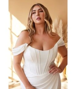 Cinderella Divine Plus Size White Off The Shoulder Corset Satin Bridal Gown -Pleaser Clothing Store plus size white off the shoulder corset satin bridal gown 126209