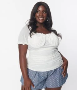 Plus Size White Ruched Puff Sleeve Top -Pleaser Clothing Store plus size white ruched puff sleeve top 663380