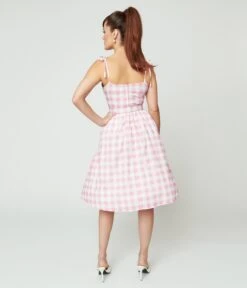 Preorder- Unique Vintage Pink & White Gingham Bobbie Swing Dress -Pleaser Clothing Store preorder unique vintage pink white gingham bobbie swing dress 780217