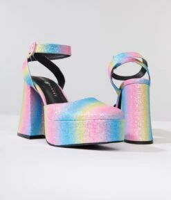 Rainbow Glitter Chunky Platform Heels -Pleaser Clothing Store rainbow glitter chunky platform heels 210093