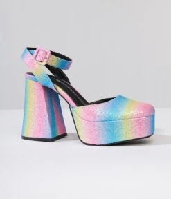 Rainbow Glitter Chunky Platform Heels -Pleaser Clothing Store rainbow glitter chunky platform heels 350297