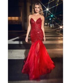 Cinderella Divine Red Beaded Sequin Strapless Mermaid Prom Dress
