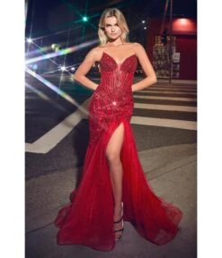 Cinderella Divine Red Beaded Sequin Strapless Mermaid Prom Dress -Pleaser Clothing Store red beaded sequin strapless mermaid prom dress 359520