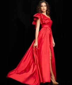 Jovani Red Bow One Shoulder Slit Evening Gown -Pleaser Clothing Store red bow one shoulder slit evening gown 157532
