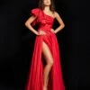 Jovani Red Bow One Shoulder Slit Evening Gown