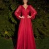 Cinderella Divine Red Chiffon Sleeve Prom Goddess Gown
