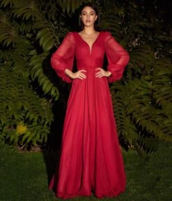 Cinderella Divine Red Chiffon Sleeve Prom Goddess Gown