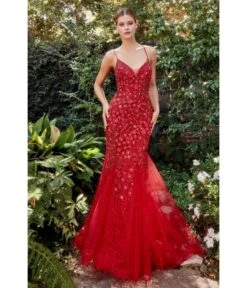 Cinderella Divine Red Chromatic Floral Mermaid Bridesmaid Dress