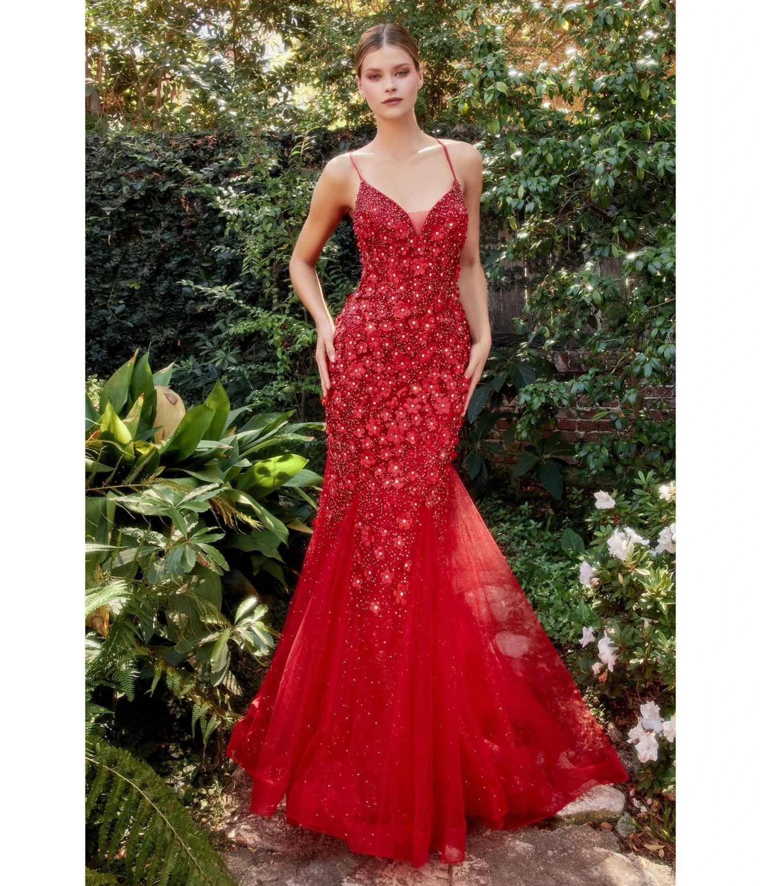 Cinderella Divine Red Chromatic Floral Mermaid Bridesmaid Dress 1 Cinderella Divine Red Chromatic Floral Mermaid Bridesmaid Dress