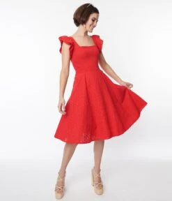 Red Eyelet Flutter Sleeve Dress -Pleaser Clothing Store red eyelet flutter sleeve dress 134386