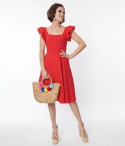 Red Eyelet Flutter Sleeve Dress