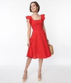 Red Eyelet Flutter Sleeve Dress -Pleaser Clothing Store red eyelet flutter sleeve dress 760113