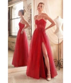Cinderella Divine Red Foliage Applique Corset Tulle Gown