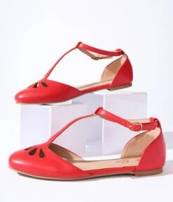 Red Leatherette T-Strap Flats -Pleaser Clothing Store red leatherette t strap flats 405746