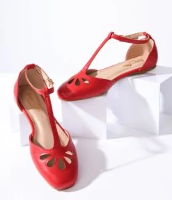 Red Leatherette T-Strap Flats