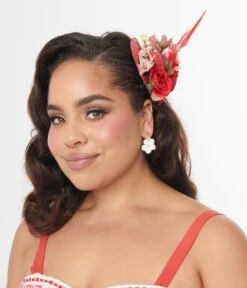 Red Mini Floral Woven Hat Fascinator -Pleaser Clothing Store red mini floral woven hat fascinator 438165