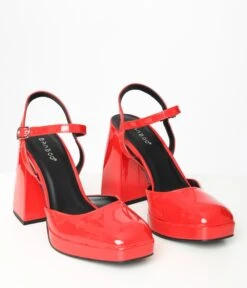Red Patent Leatherette Chunky Heels