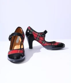 Red Plaid & Black Patent Leatherette Mary Jane Heels -Pleaser Clothing Store red plaid black patent leatherette mary jane heels 538618