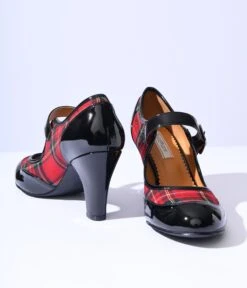 Red Plaid & Black Patent Leatherette Mary Jane Heels -Pleaser Clothing Store red plaid black patent leatherette mary jane heels 998711
