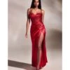 Cinderella Divine Red Satin Beaded Draped Corset Prom Dress