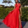 Cinderella Divine Red Satin Convertible Halter Evening Gown