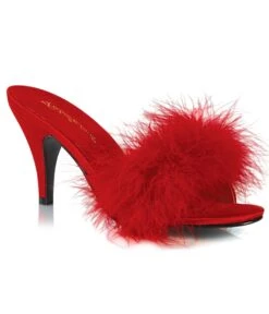 PLEASER Red Satin & Marabou Feather Peep Toe Amour Heel Slipper