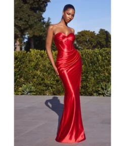 Cinderella Divine Red Satin Strapless Corset Lace Up Back Evening Gown