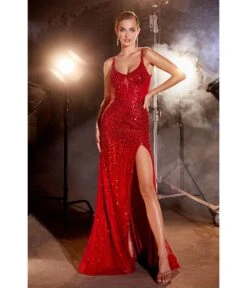 Cinderella Divine Red Sequin Beaded High Slit Fitted Prom Gown