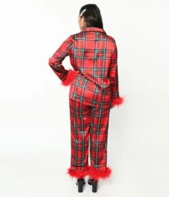Red Tartan & Feather Trim Pajama Set -Pleaser Clothing Store red tartan feather trim pajama set 846422