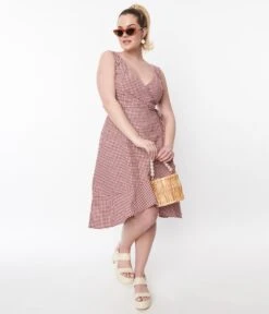 Red & White Gingham Wrap Dress 8 Red & White Gingham Wrap Dress -Pleaser Clothing Store red white gingham wrap dress 637060