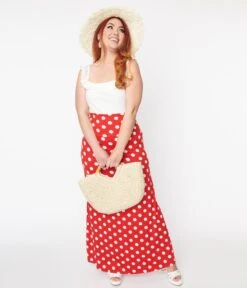 Red & White Polka Dot Foldable Waist Maxi Skirt -Pleaser Clothing Store red white polka dot foldable waist maxi skirt 142834