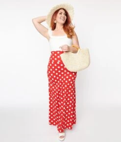 Red & White Polka Dot Foldable Waist Maxi Skirt -Pleaser Clothing Store red white polka dot foldable waist maxi skirt 193535