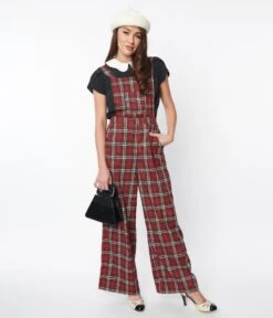 Red & White Winter Plaid Pinafore Jumpsuit