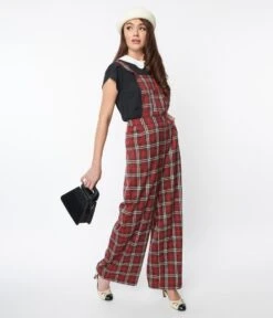 Red & White Winter Plaid Pinafore Jumpsuit -Pleaser Clothing Store red white winter plaid pinafore jumpsuit 305474