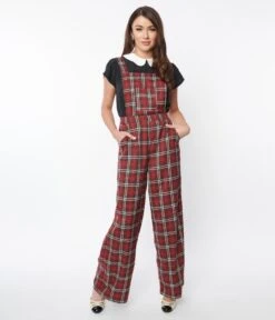 Red & White Winter Plaid Pinafore Jumpsuit -Pleaser Clothing Store red white winter plaid pinafore jumpsuit 736648