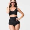 Retro Style Black Gathered High Waist Skirted Swim Bottoms