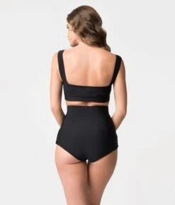 Retro Style Black Gathered High Waist Skirted Swim Bottoms -Pleaser Clothing Store retro style black gathered high waist skirted swim bottoms 545865